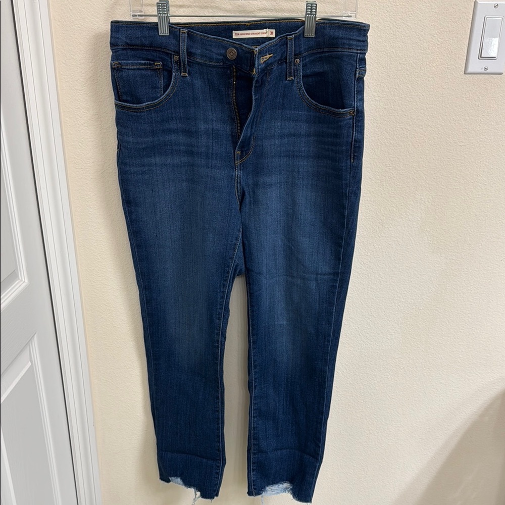 Blue Ankle Cropped Jeans with Raw Hem